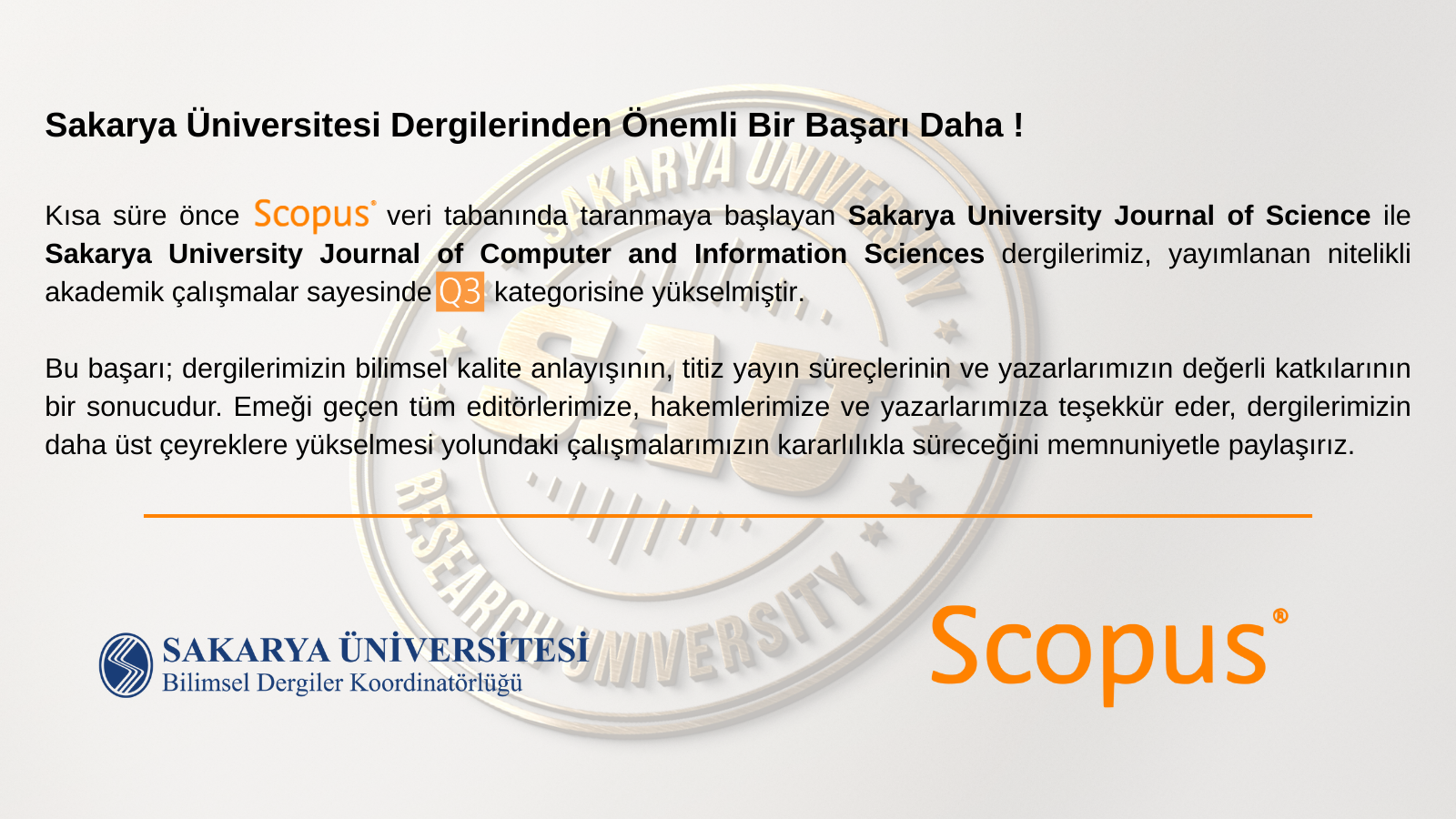 Sakarya Üniversitesi Dergilerinden Önemli Bir Başarı Daha